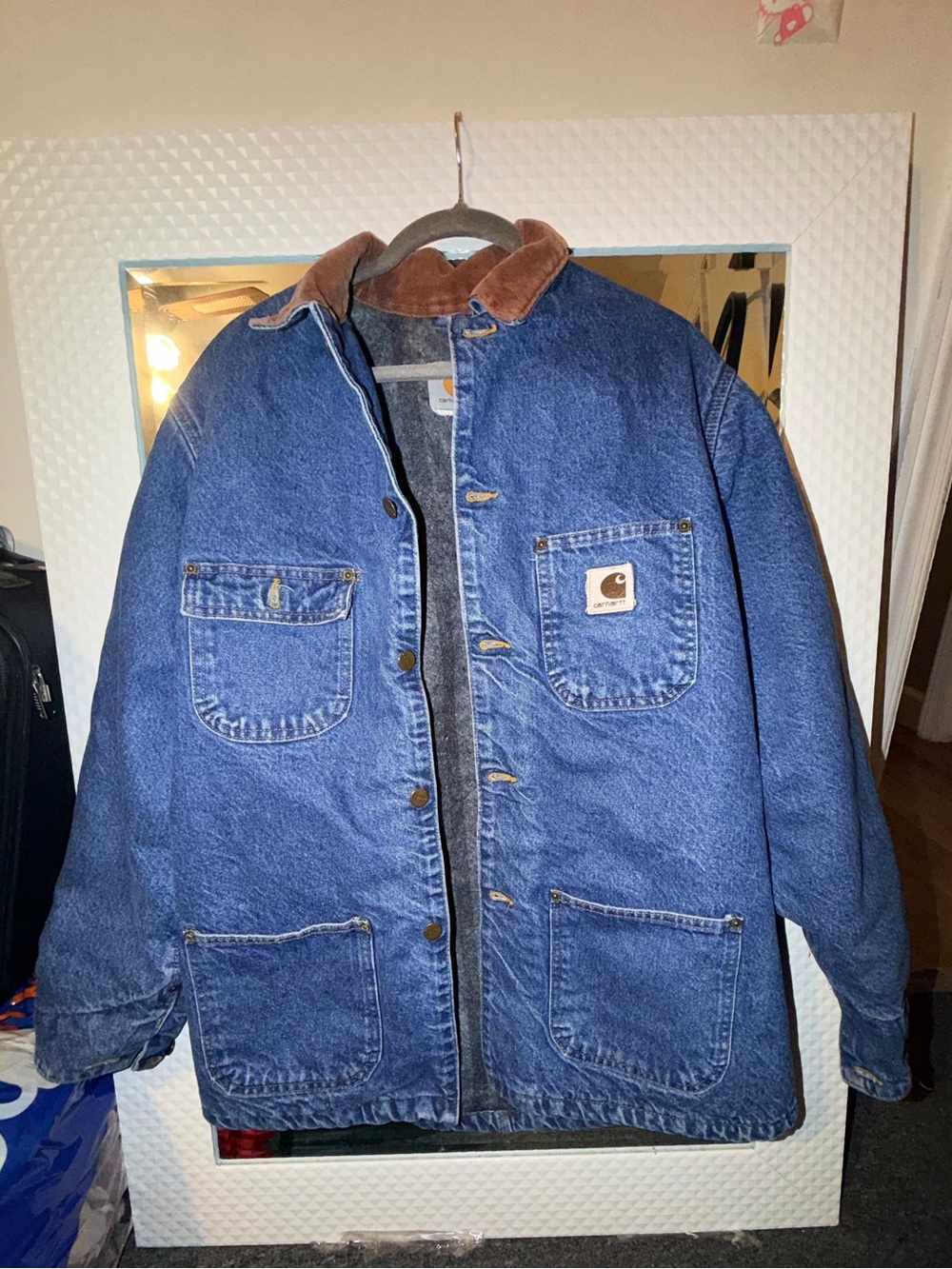 Vintage Carhartt Men’s Blue Denim Work Jacket with Brown Corduroy Collar
